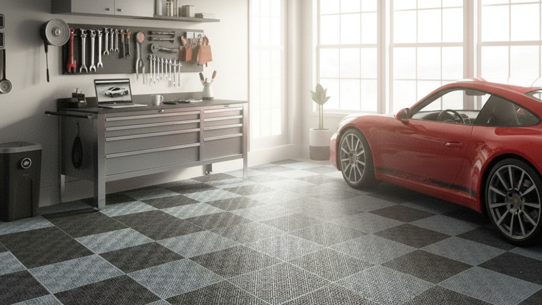 Garage with a red car, tool cabinet, and checkered floor.
