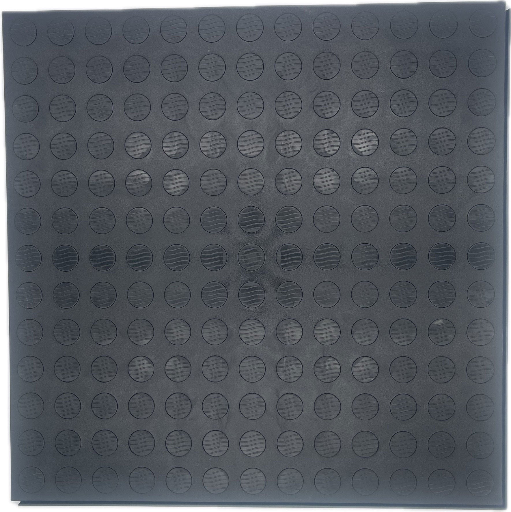 A square black solid flooring mat with a grid pattern of raised circular dots, shown flat against a white background.