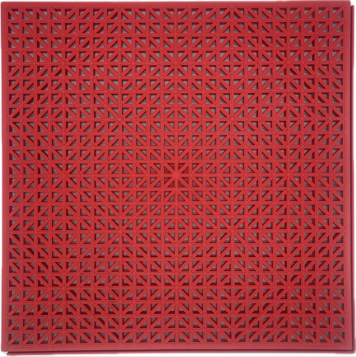 A square red textured floor mat with a repeating geometric star and triangle pattern, shown flat against a white background.