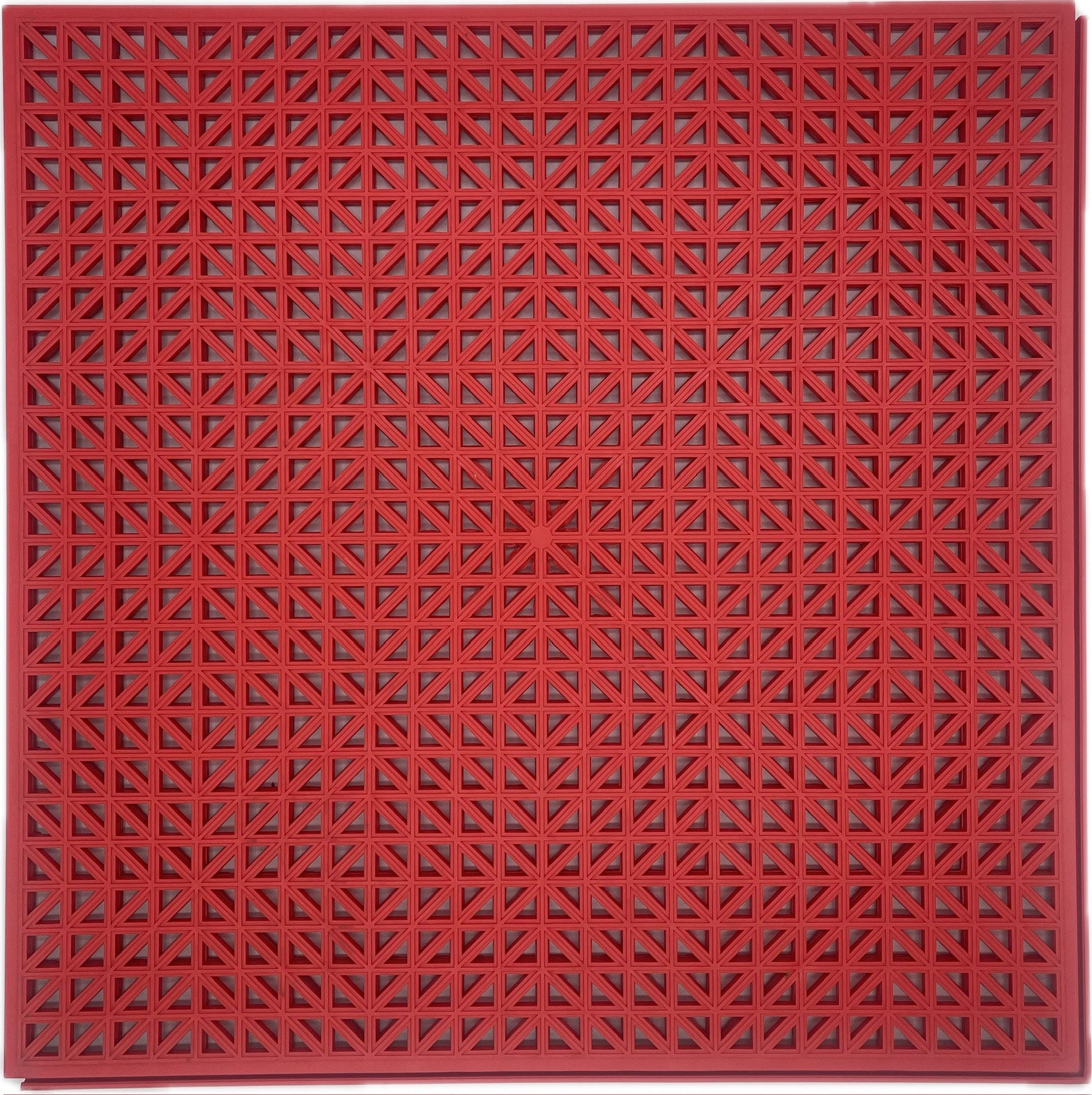 A square red textured floor mat with a repeating geometric star and triangle pattern, shown flat against a white background.