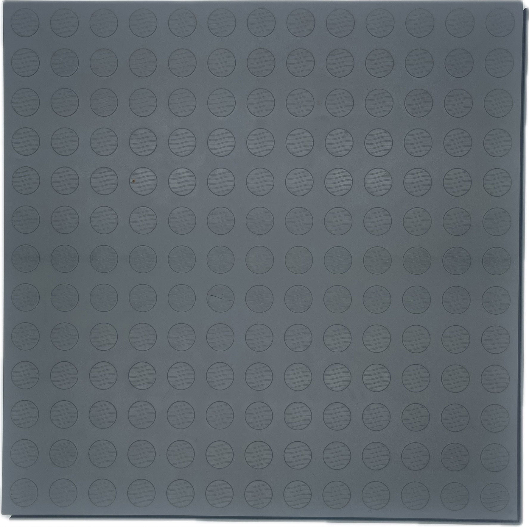 A square gray textured flooring garage mat featuring a grid pattern of raised circular dots, shown flat against a white background.